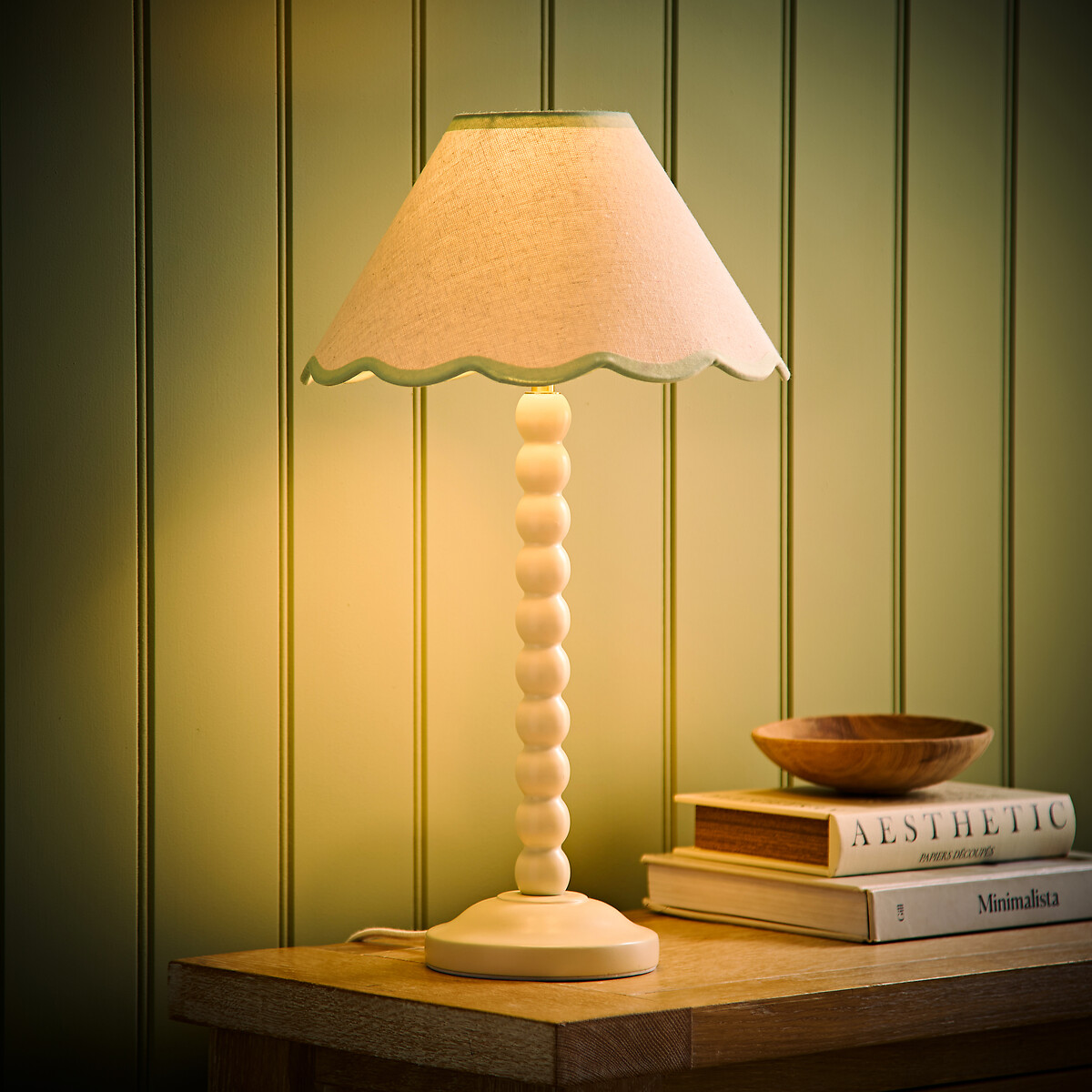 Bobbie Painted Cream Bobbin Table Lamp with Scallop Shade sage green, SO'HOME
