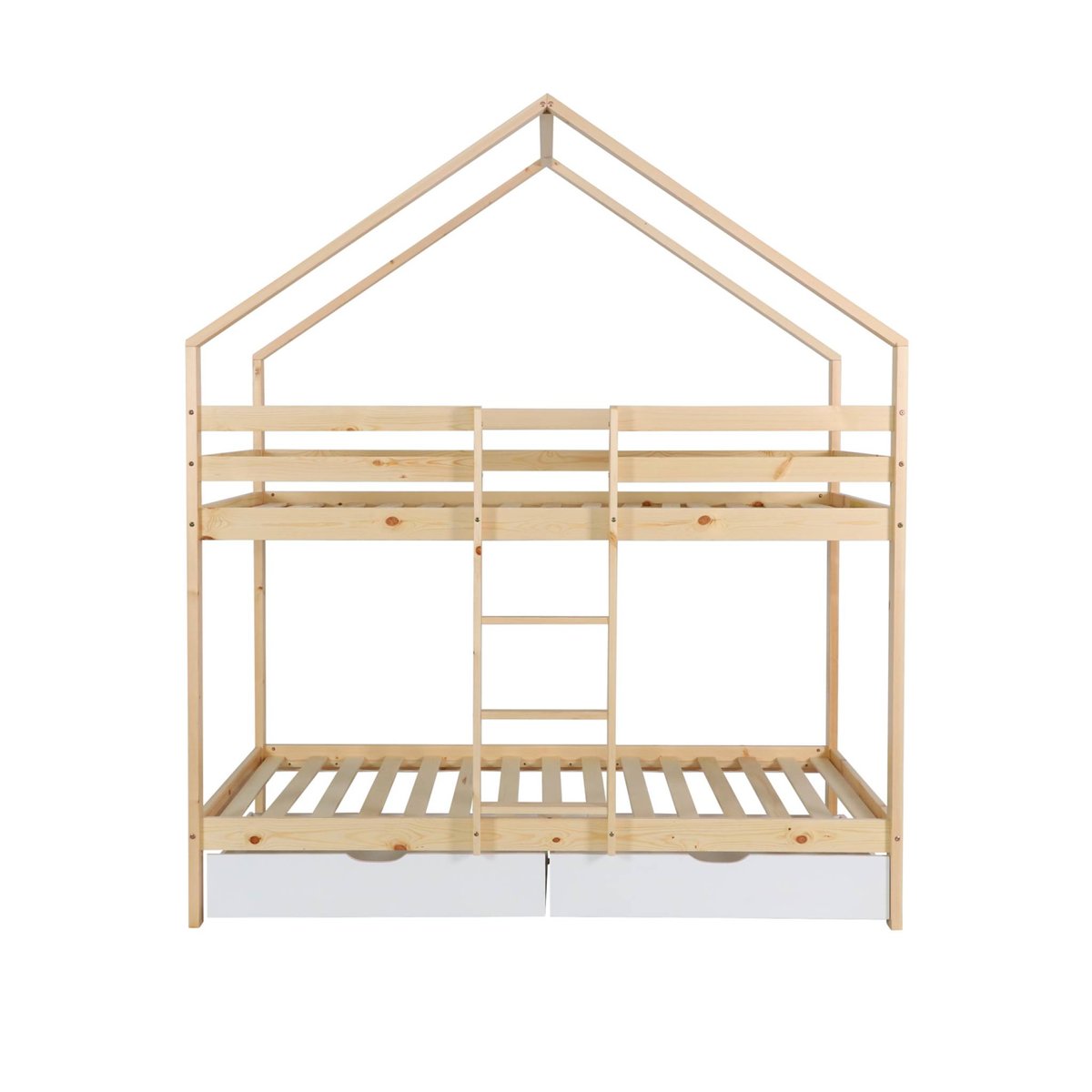 Lit enfant superposé cabane 90 x 190 cm pin naturel avec tiroirs de rangement ROYA blanc, SWEEEK