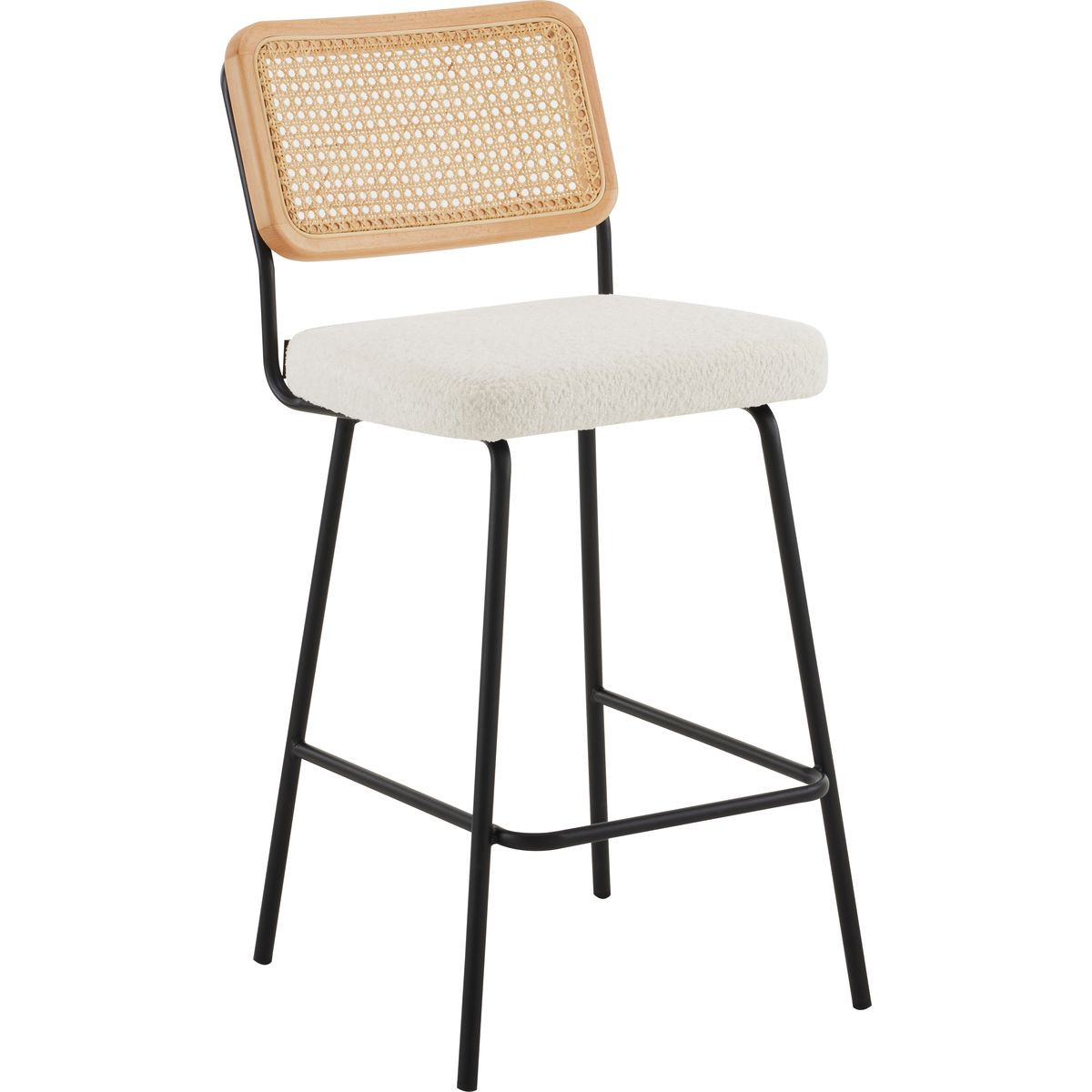 Lot de 2 chaises de bar en cannage et tissu bouclé, piètement noir - MUSE beige, HOMIFAB