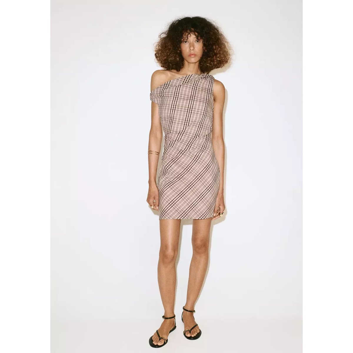 Robe coton asymétrique carreaux beige, MANGO
