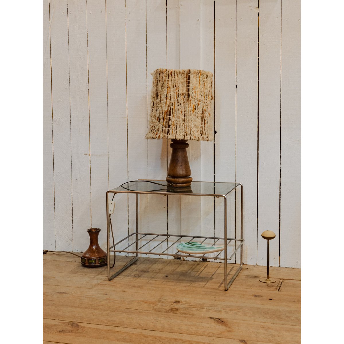 Lampe à poser en bois et laine Julia N°1131 - Bon état bois foncé, DEBONGOUT