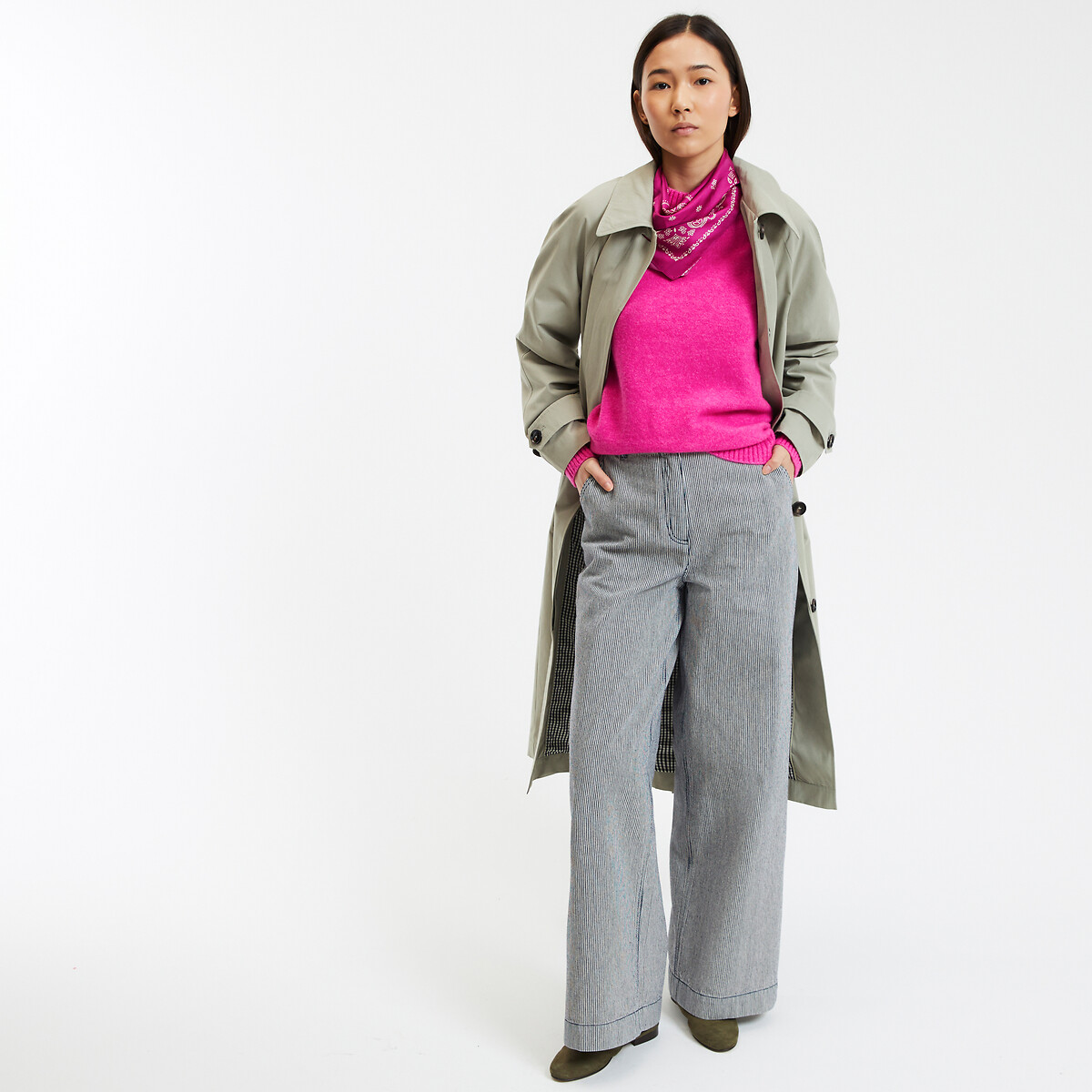 Wide Leg Trousers with High Waist navy striped/white, LA REDOUTE COLLECTIONS