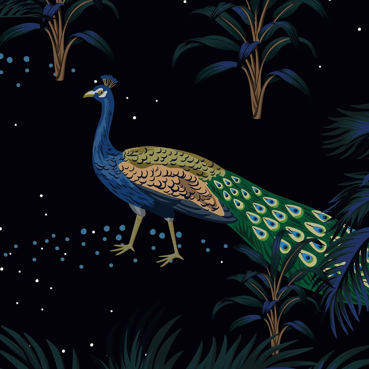 Papier peint panoramique feuilles art deco bleu paon intissé, HEXOA