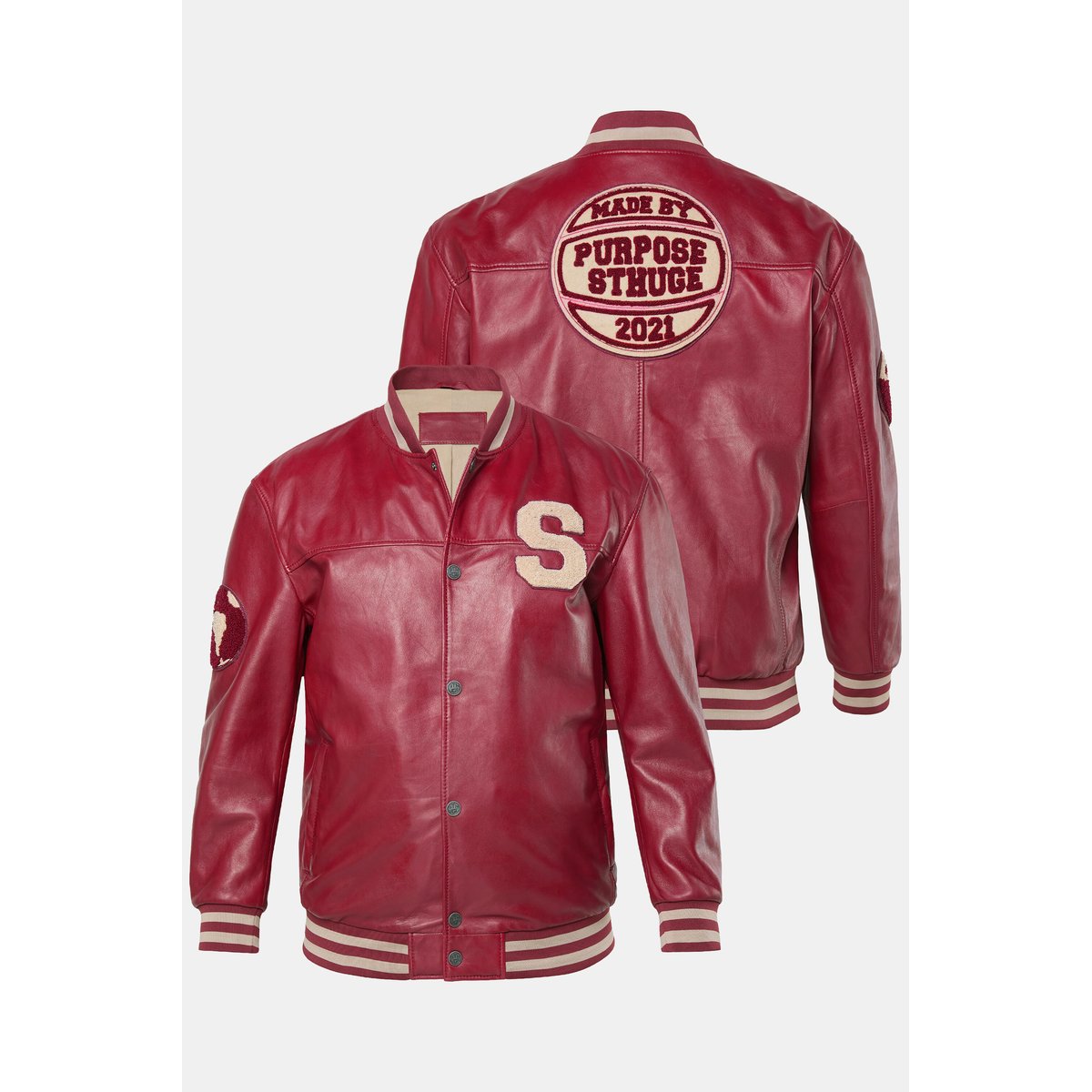 Blouson en cuir véritable rouge, STHUGE