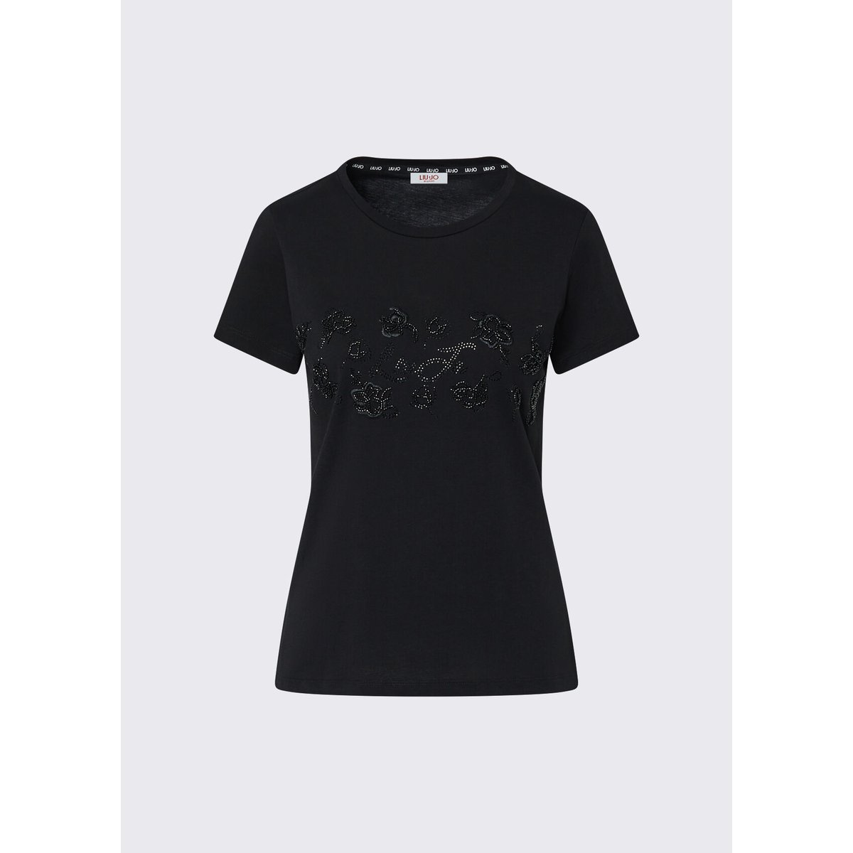 T-shirt avec strass noir et ramage, LIU JO
