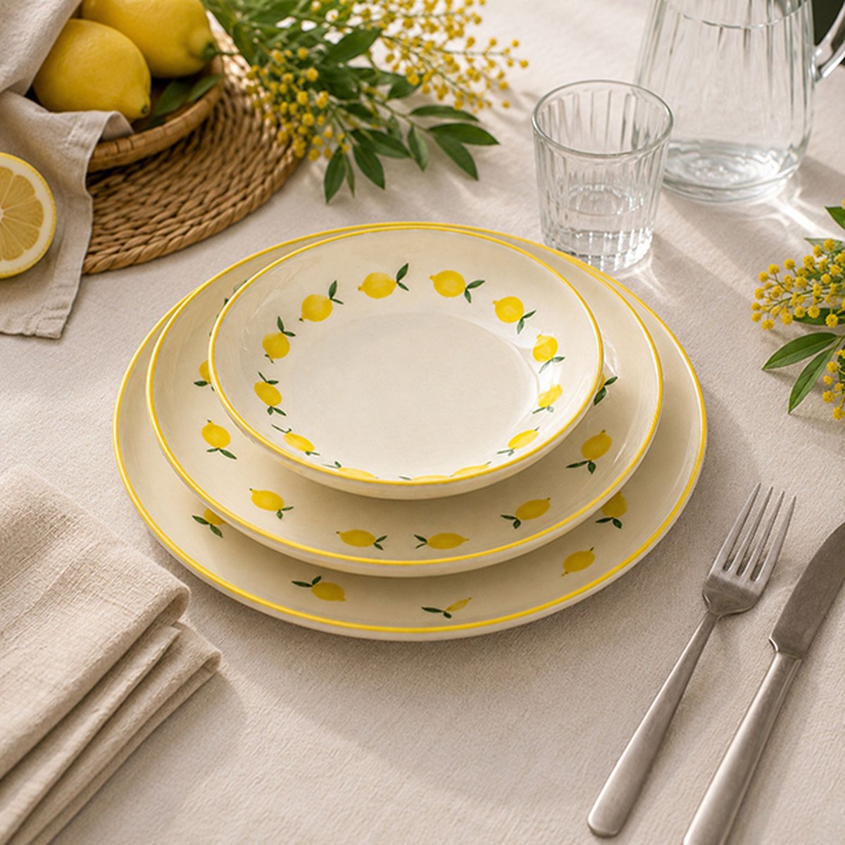 Lot de 6 assiettes à dessert 20cm en grès, CITRON beige et jaune, NOVASTYL