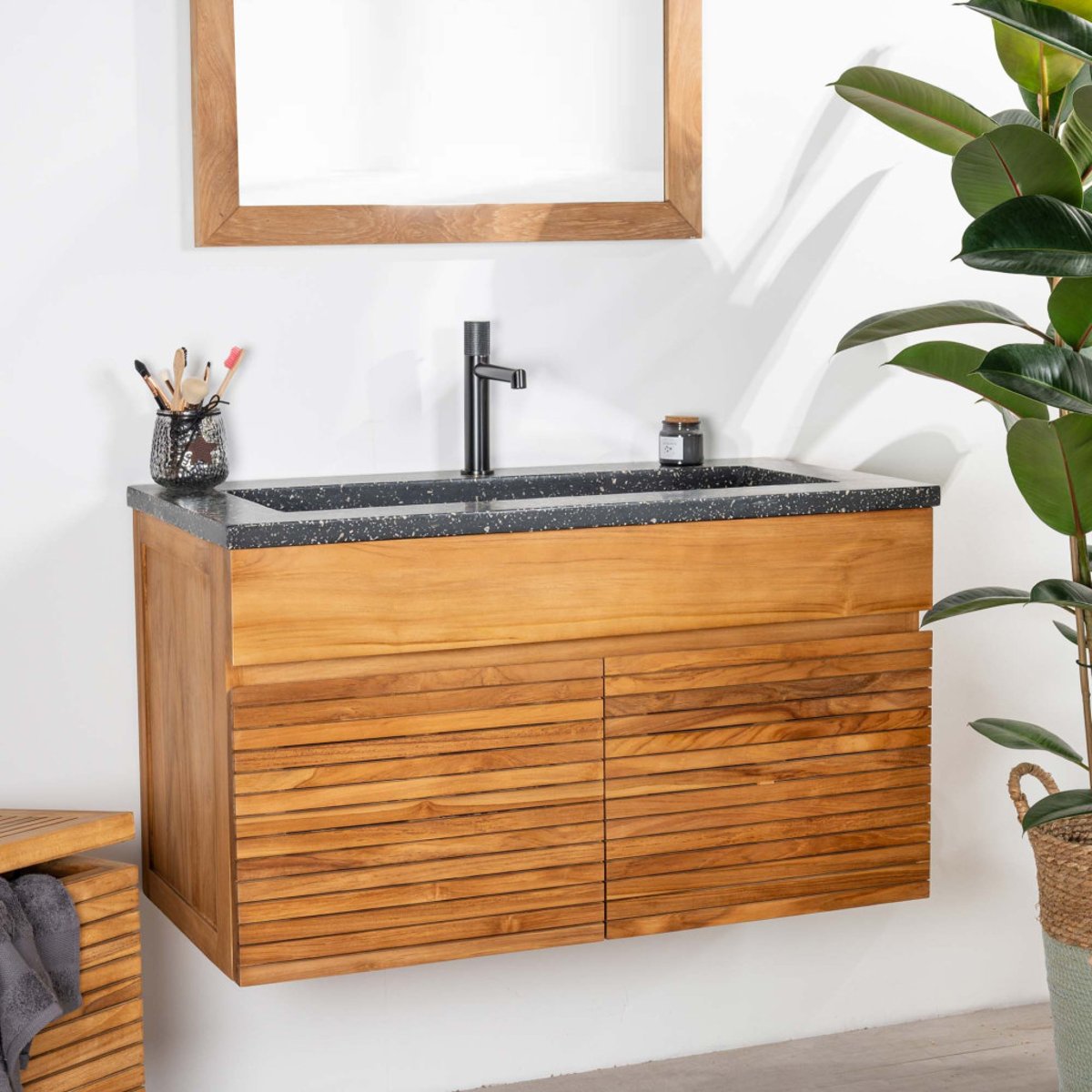 Meuble salle de bain en teck et terrazzo noir Aktual 90cm noir, WANDA COLLECTION