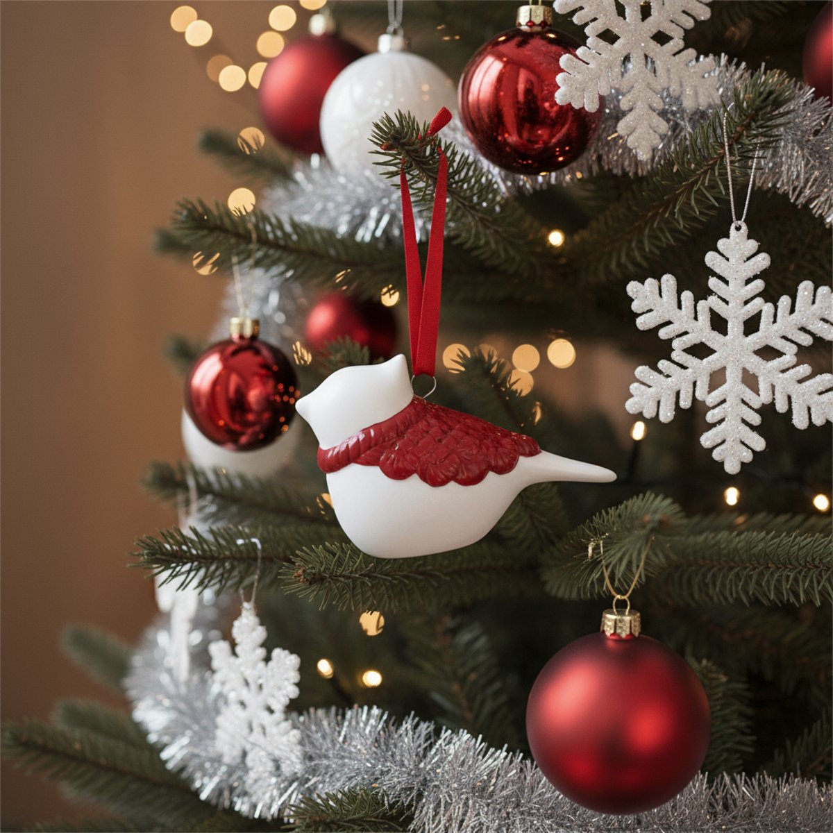 Suspension décorative de noël petit oiseau en grès L9 rouge, SIA DECO