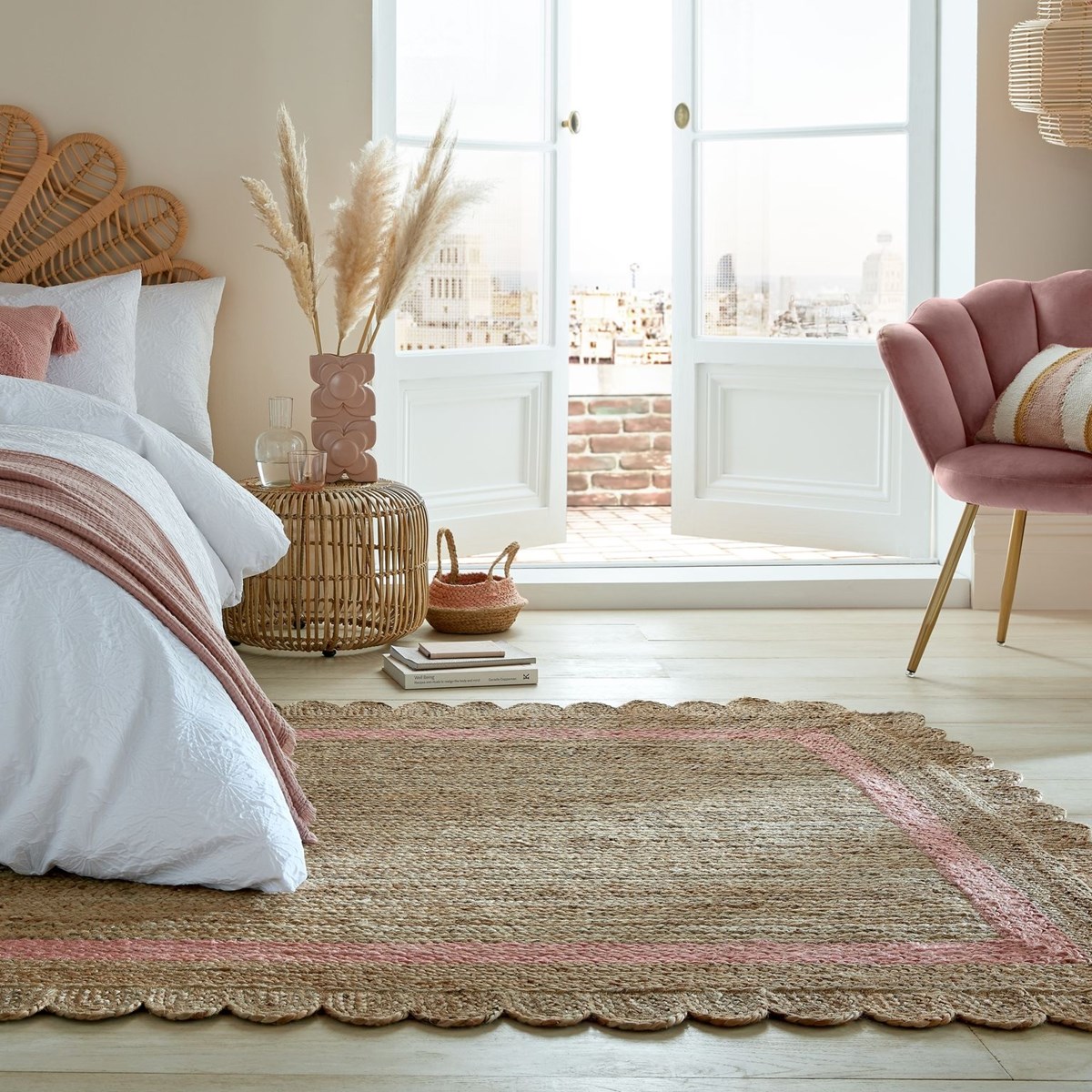 Tapis salon et chambre en jute FLOWER JUTE rose, NOVATREND