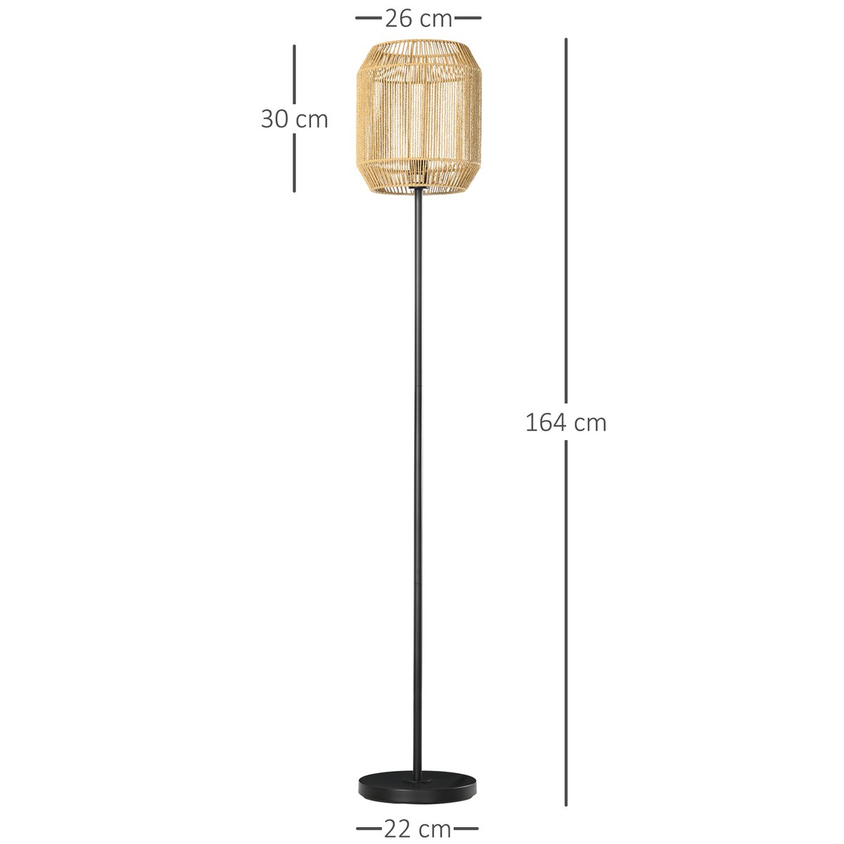 Lampadaire Ficelle de papier Bois naturel noir, HOMCOM