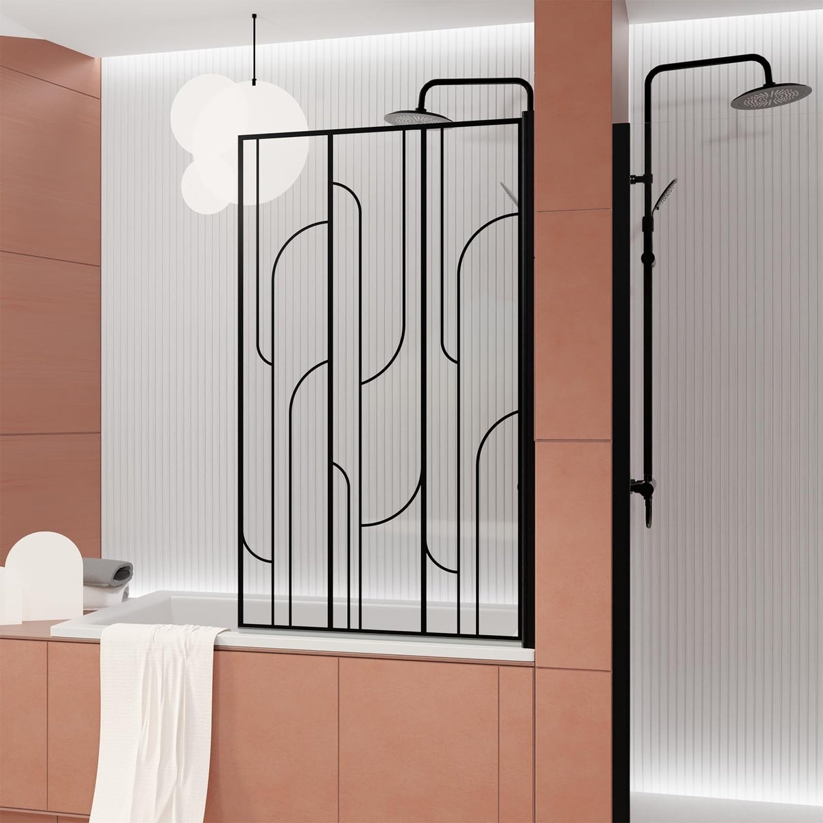 Pare-baignoire rabattable en verre trempé sérigraphié Art déco noir, HOME MAISON