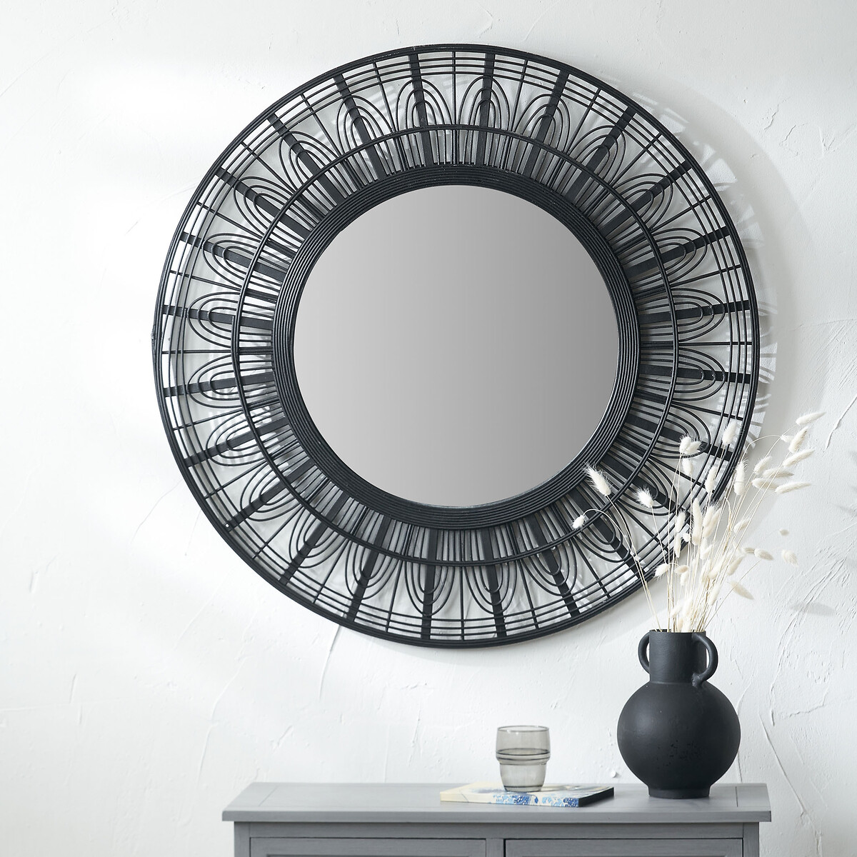 90cm Black Bamboo Frame Round Wall Mirror black, SO'HOME