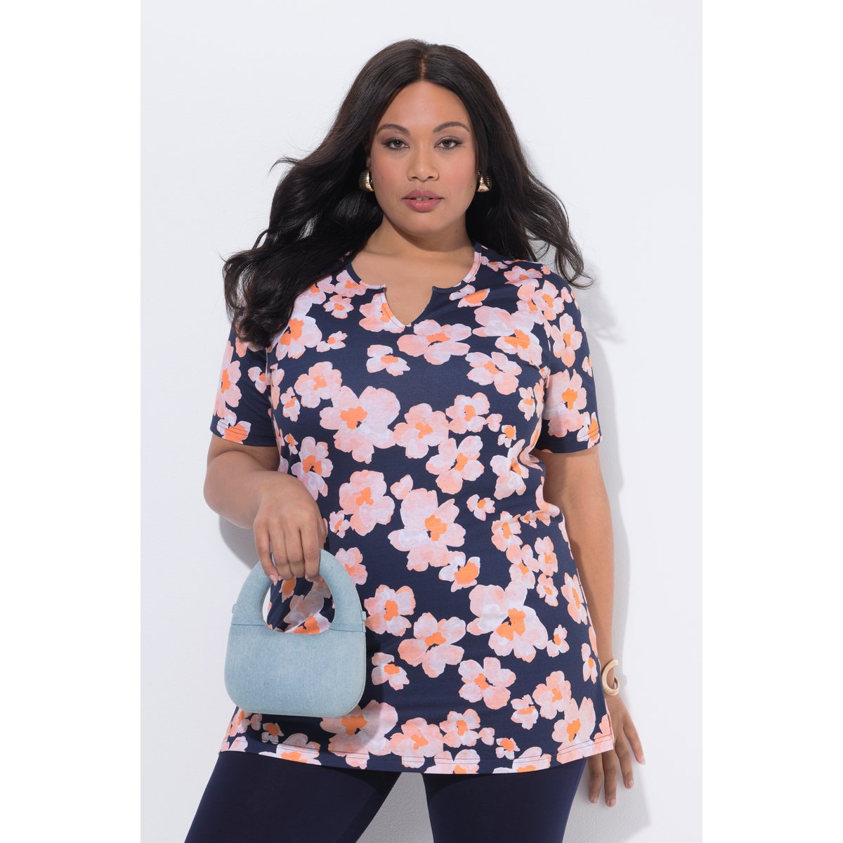 T-shirt long motif à fleurs marine, ULLA POPKEN