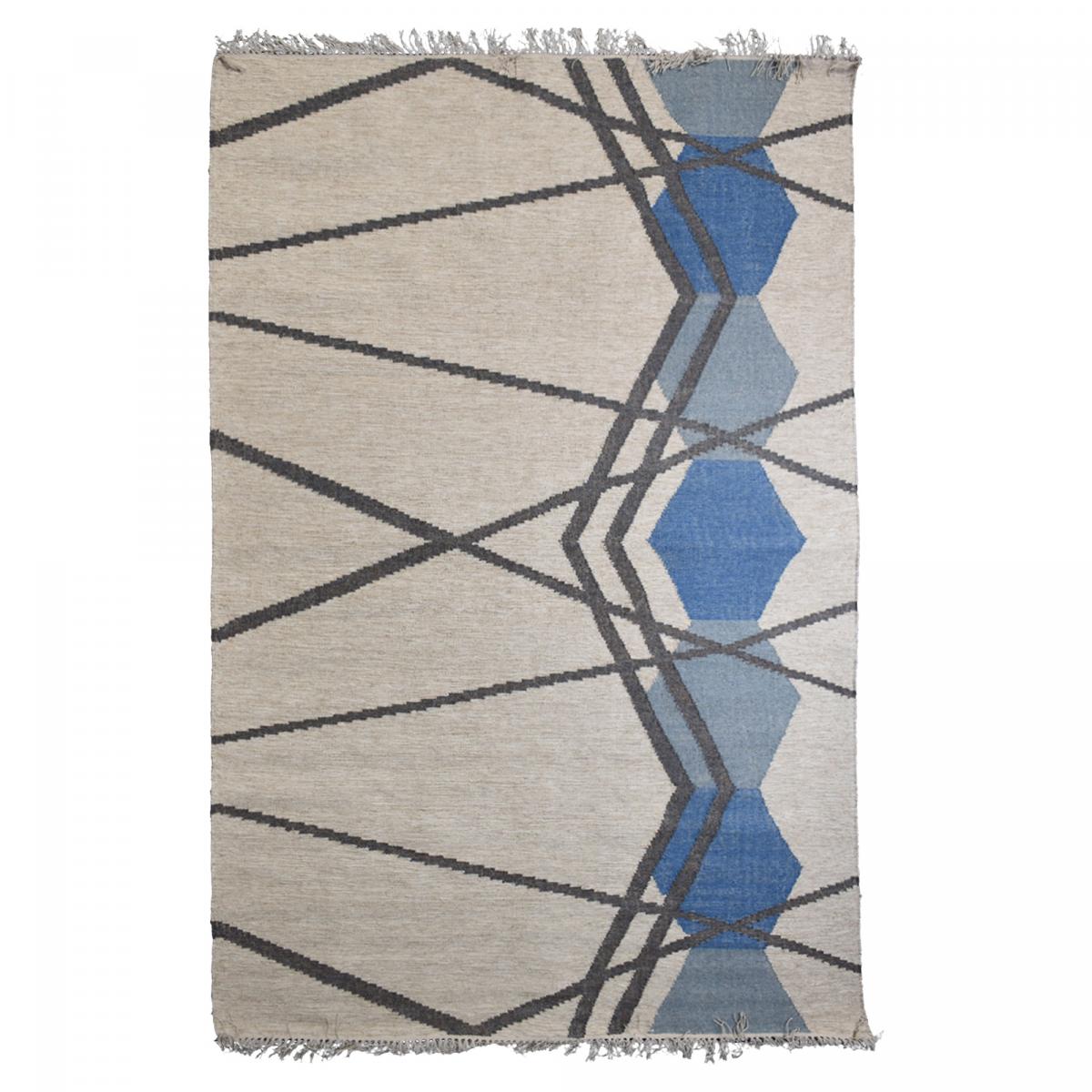 Tapis kilim BLANBLEU, fait à la main en laine motif géométrique blanc, bleu, UN AMOUR DE TAPIS