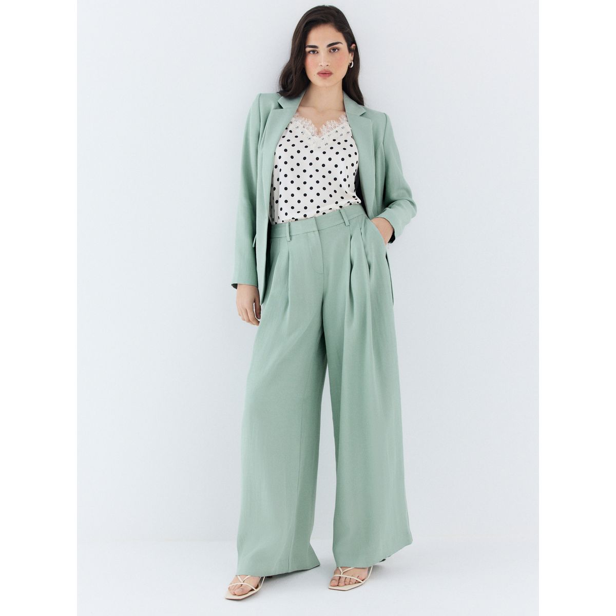 Pantalon palazzo effet froissé vert sauge, NEXT