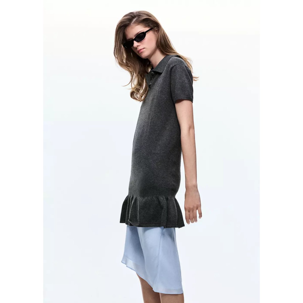 Robe maille col polo gris anthracite, MANGO