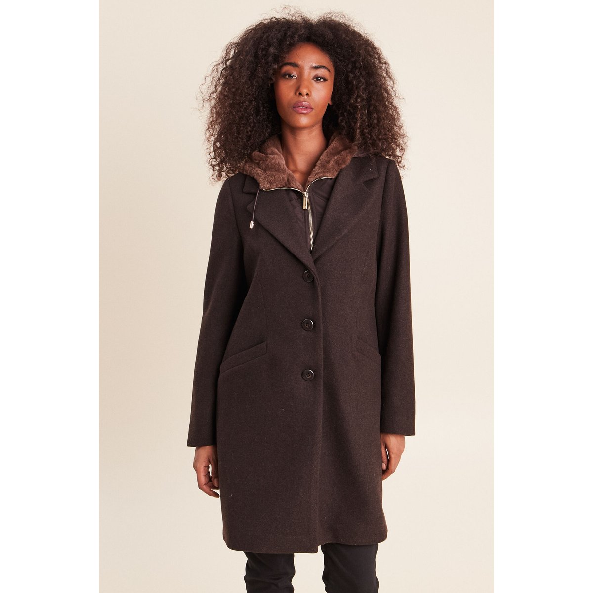 Manteau ajusté capuche amovible marron foncé, BREAL
