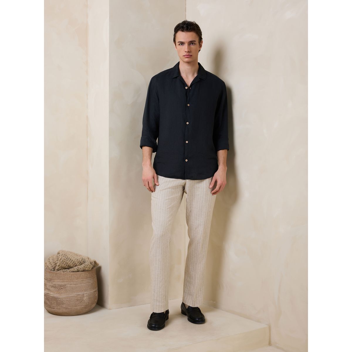 Pantalon slim en lin rayé écru, NEXT