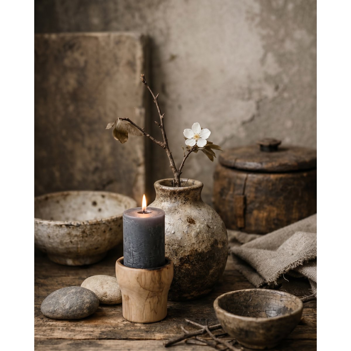 Bougeoir en bois de teck CANDLE noir beige, BAZAR BIZAR