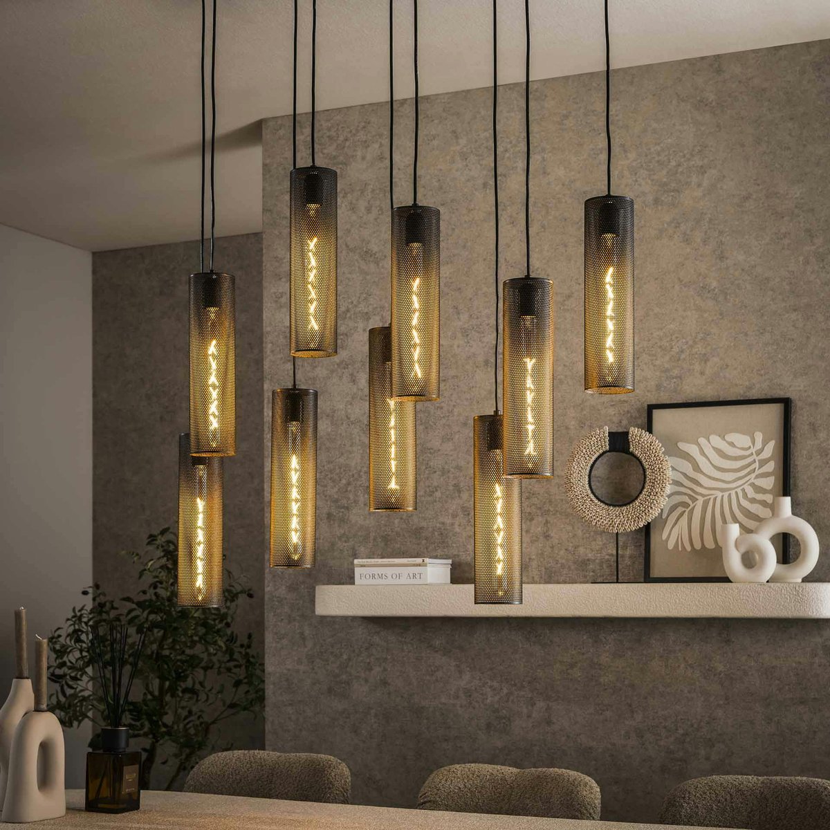 Suspension contemporaine grillagée 9 abat-jour RALF noir, PIER IMPORT