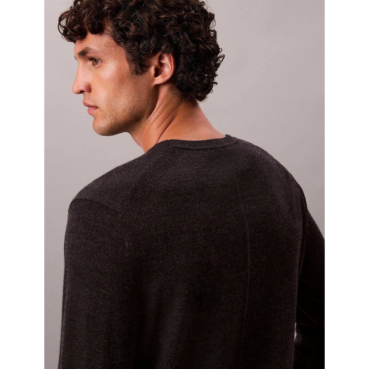 Maglione scollo rotondo in lana merino grigio, CALVIN KLEIN