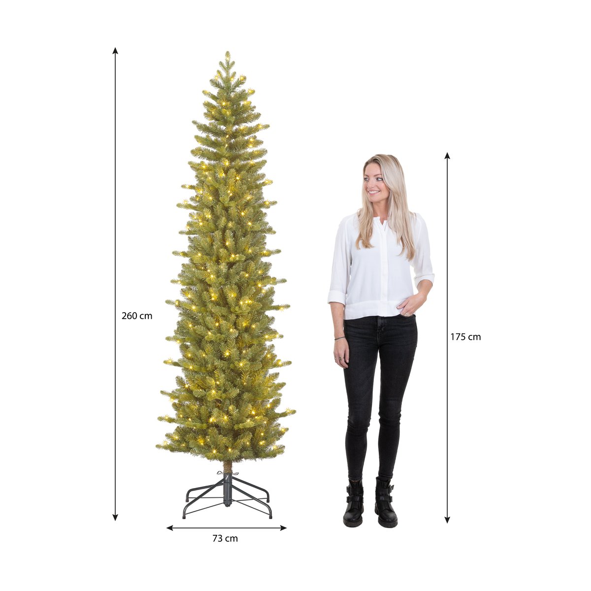 Sapin de Noël artificiel étroit et enneigé avec LED H260 cm HARMA vert, BLACK BOX TREES