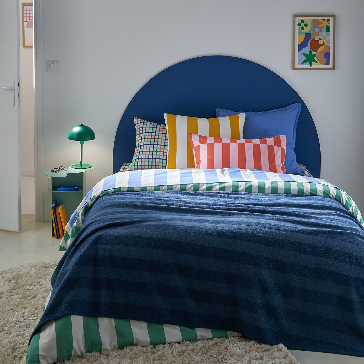 Drap plat en coton, HENDAYE BLEU rayé bleu, LA REDOUTE INTERIEURS