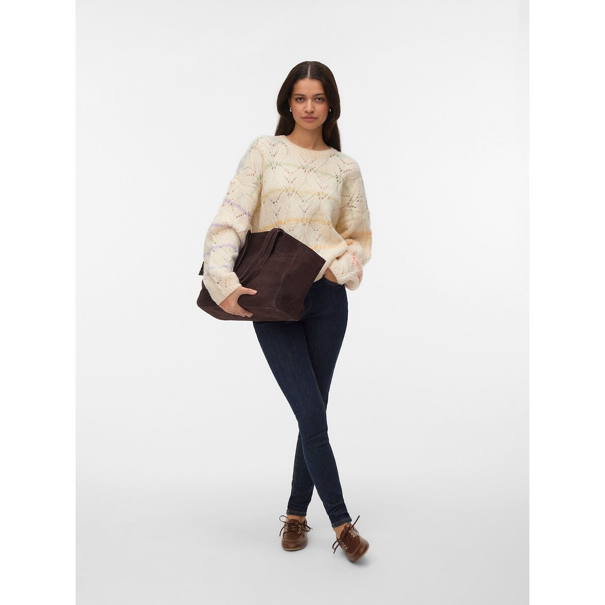Pull rayé ajouré, manches longues ecru/rose, VERO MODA