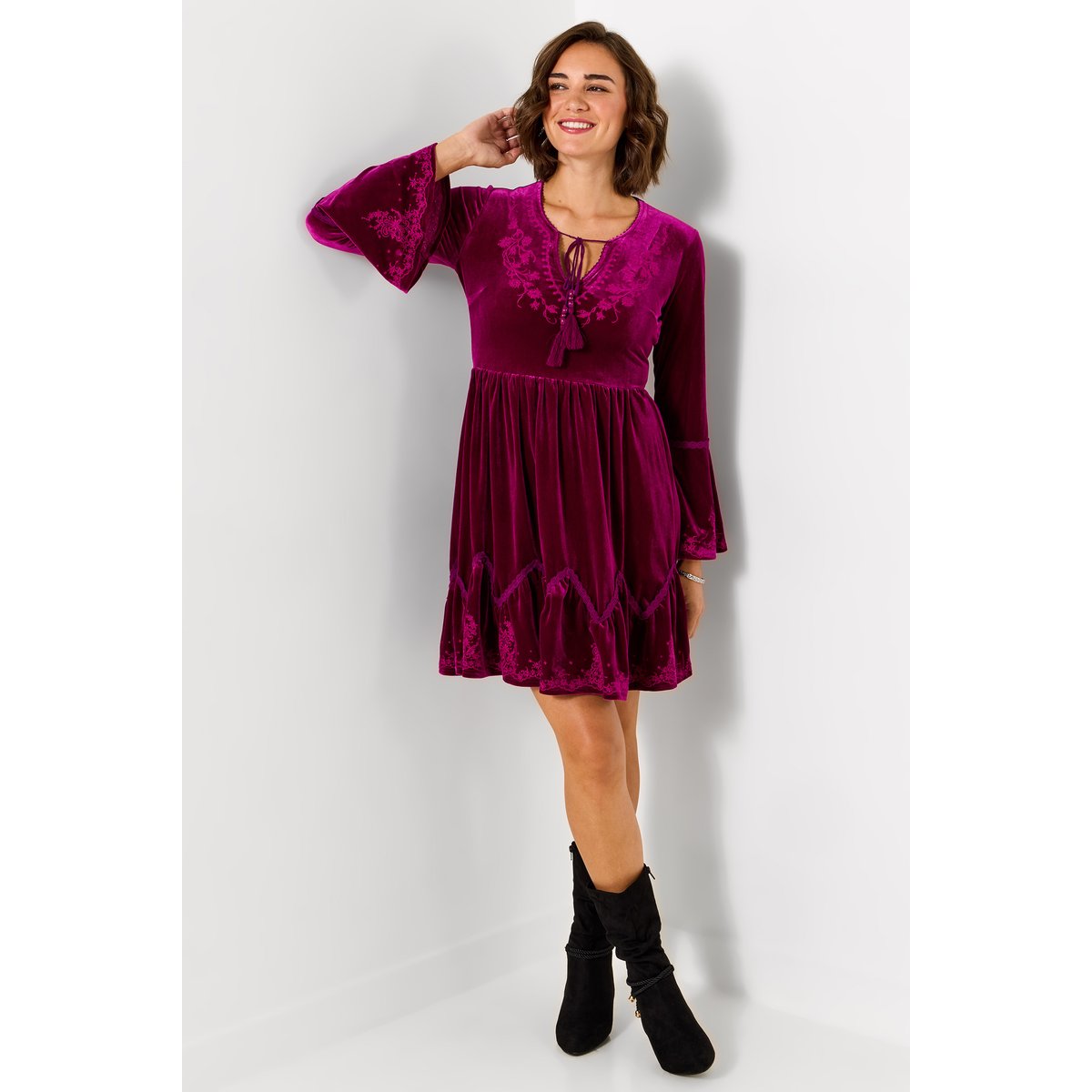 Robe Tunique Brodée en Velours Darcie rose, JOE BROWNS