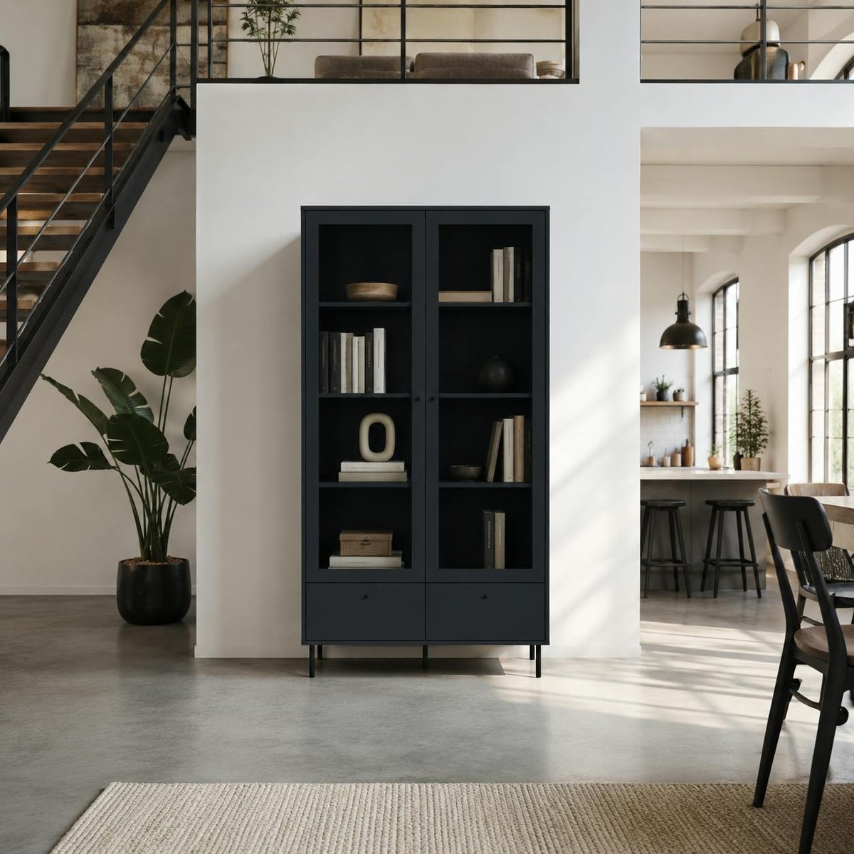 Bibliothèque vitrine bleu sombre 2 portes 1 tiroir RAVEN bleu, PIER IMPORT