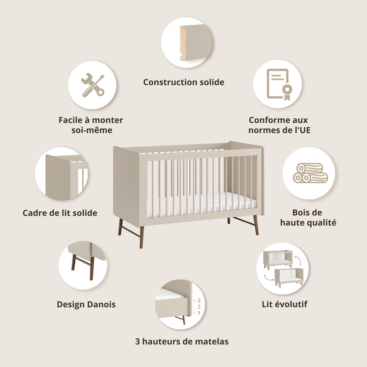 LIT ÉVOLUTIF BÉBÉ «ROSEAU» | 70 X 140 CM ROSEAU beige, PETITE AMELIE