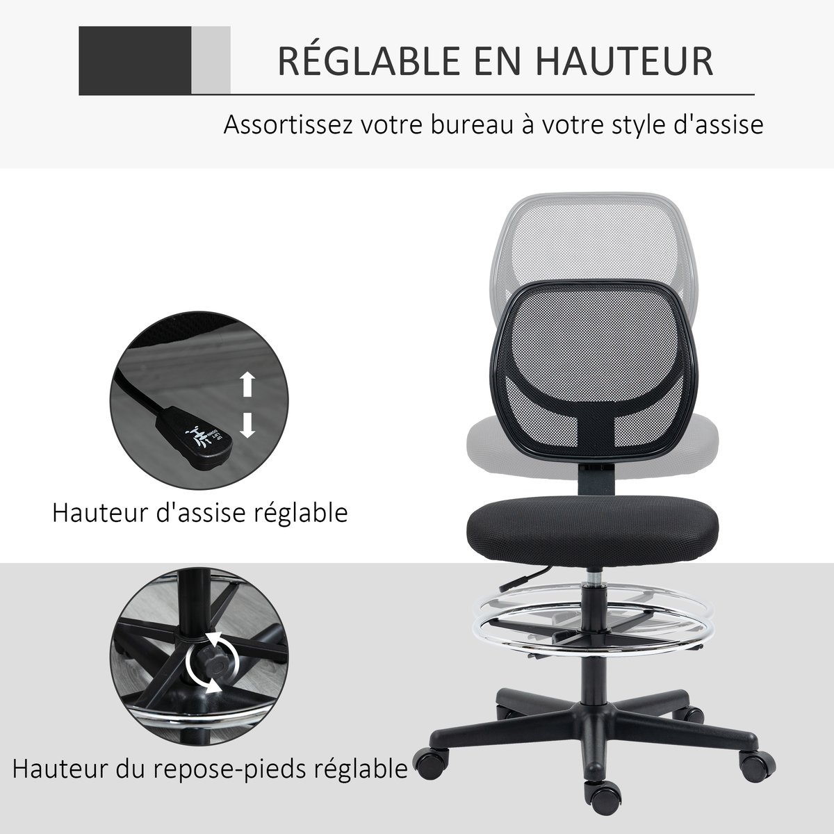 Chaise de bureau pour poste de travail debout noir, HOMCOM