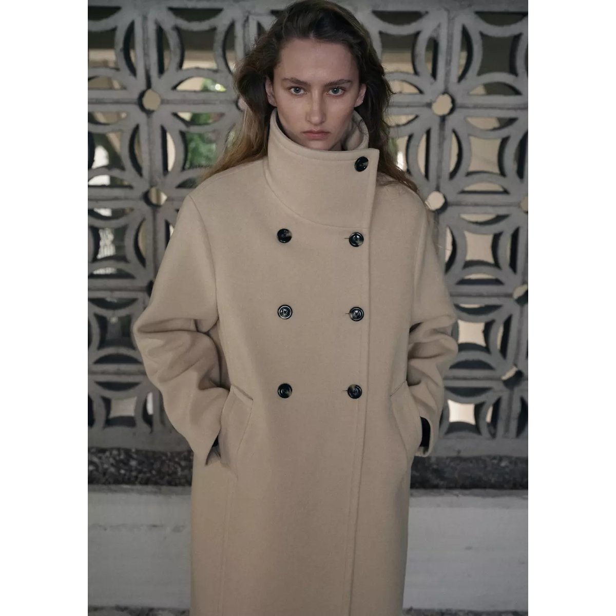 Manteau laine mélangée col cheminée vanille, MANGO