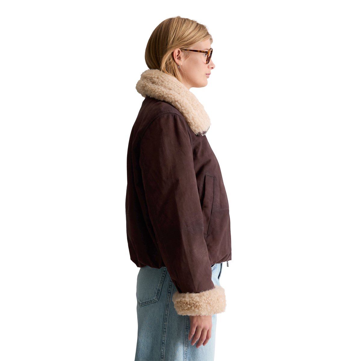 Veste en cuir à col en peluche, coupe classique en cuir de chèvre velours souple marron, MARC O’POLO DENIM