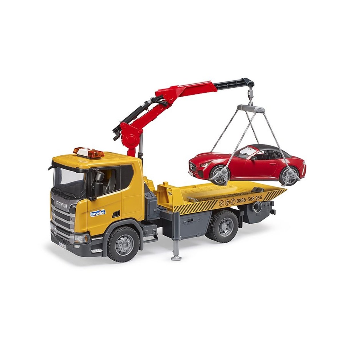 Remorqueuse Scania Super 560R avec module son et lumière et véhicule Roadster v019845, BRUDER