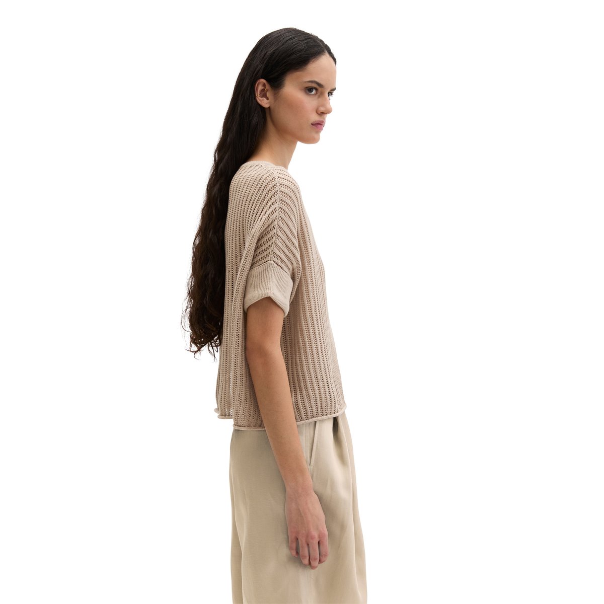 Pull-over en maille à manches courtes boxy en mélange coton organique-lin beige, MARC O'POLO