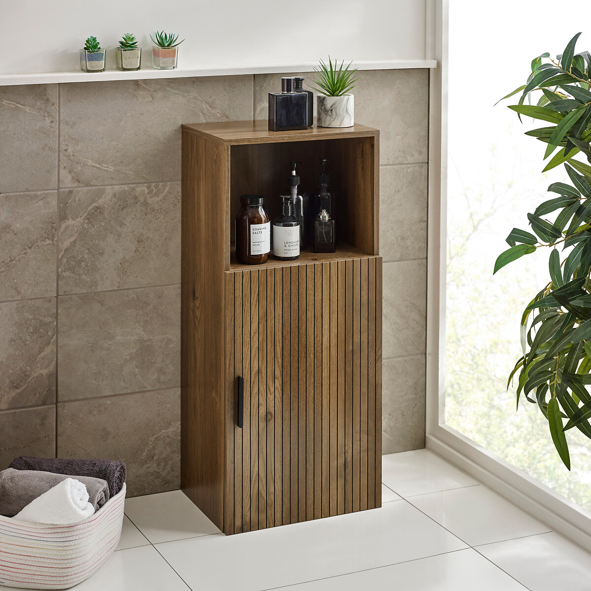 Henly Slatted Door Bathroom Storage Cabinet walnut, SO'HOME