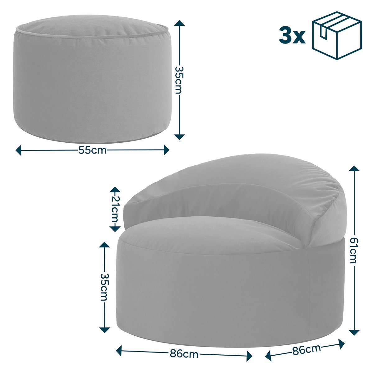 Pouf fauteuil d’appoint décoratif et son repose-pied rond en velours mat Oeko-Tex® - ORB bleu marine, ICON