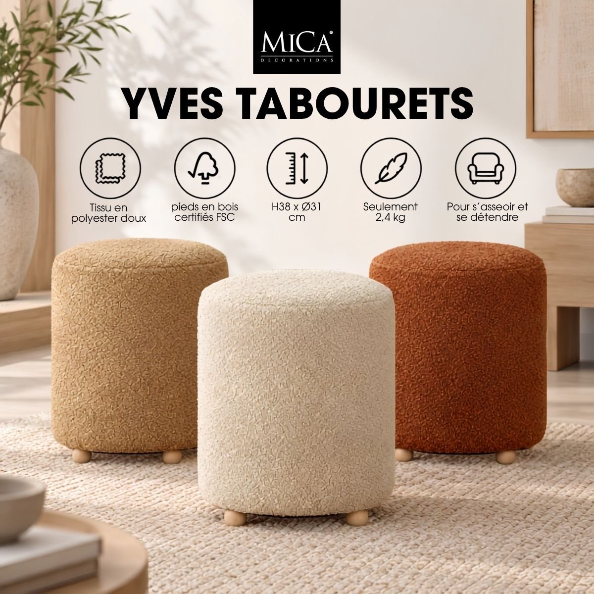 Tabouret YVES beige, MICA DECORATIONS