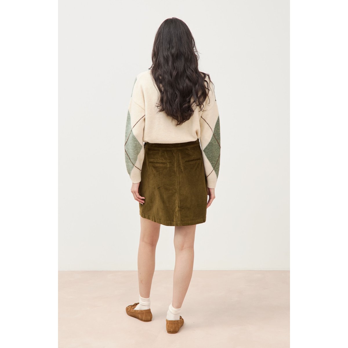 Jupe droite courte en velours vert olive, BONOBO