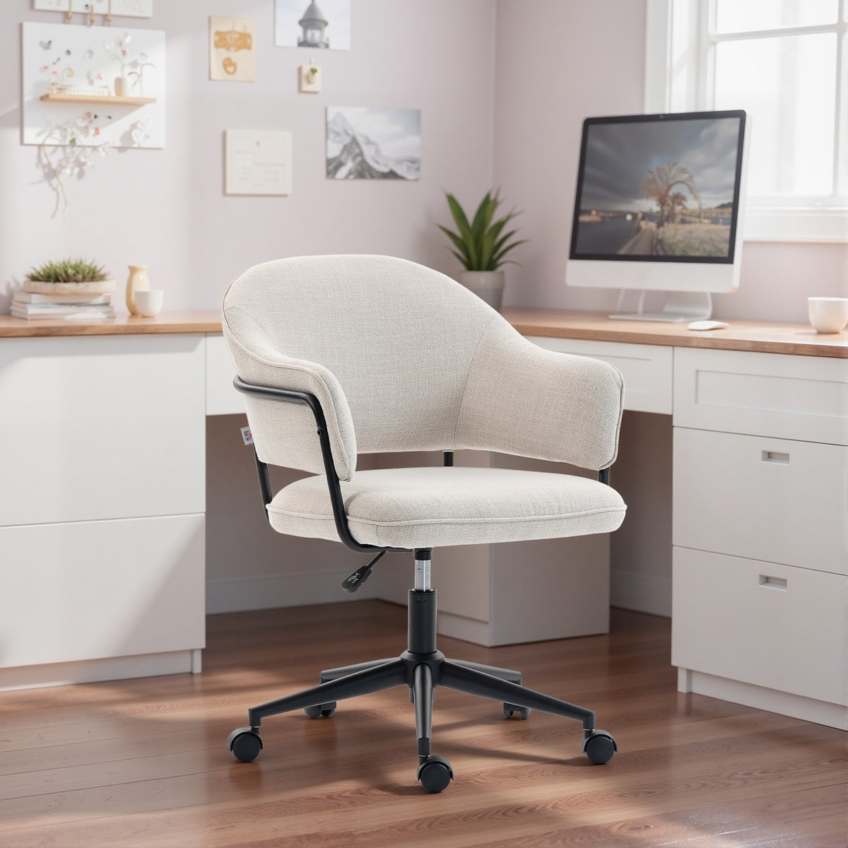 Chaise de bureau Lin (100% polyester) Blanc blanc crème, HOMCOM