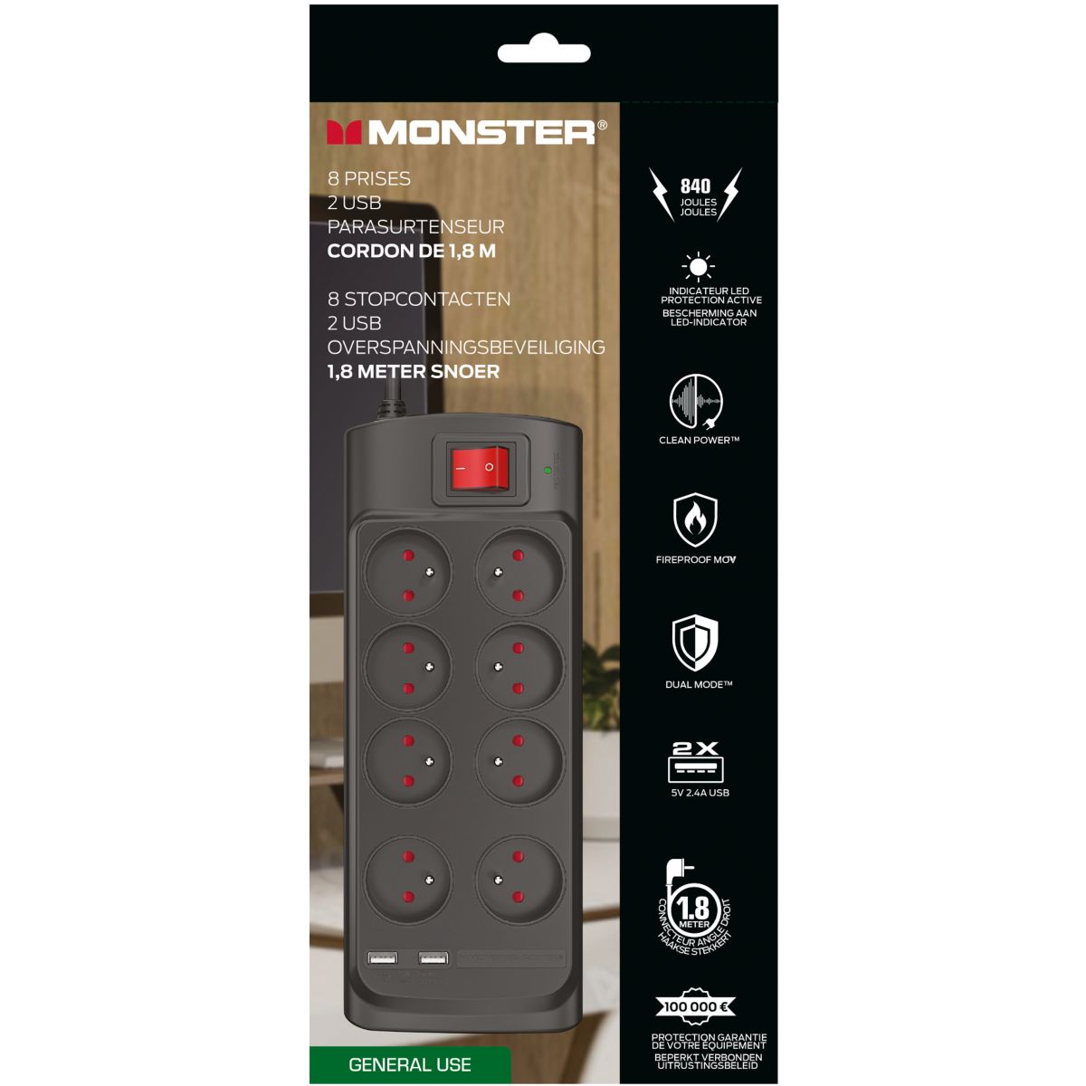 Rallonge parafoudre Parasurtenseur 8 prises + 2 USB-A couleur unique, MONSTER CABLE