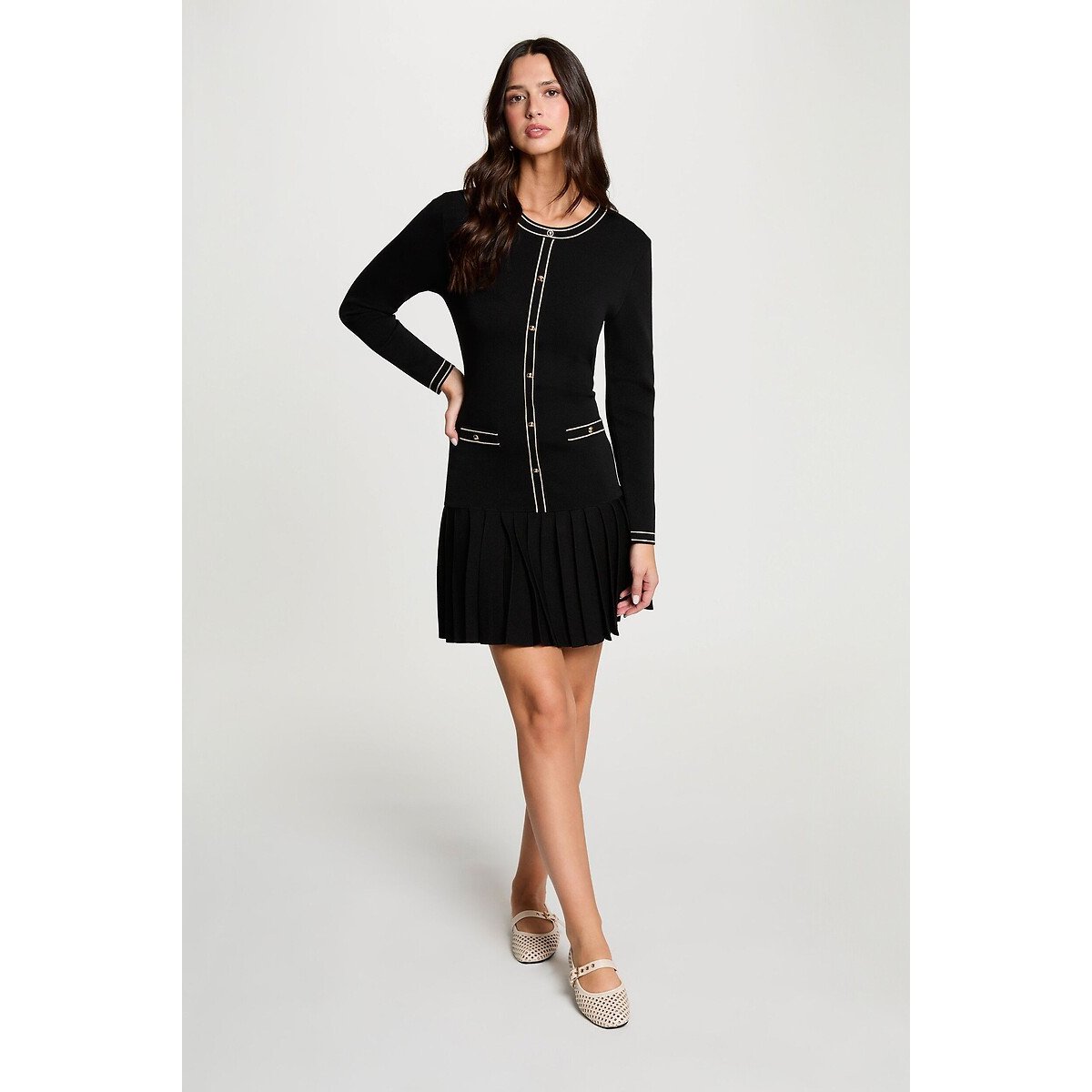 Abito in con maglia con gonna plissettata nero , MORGAN