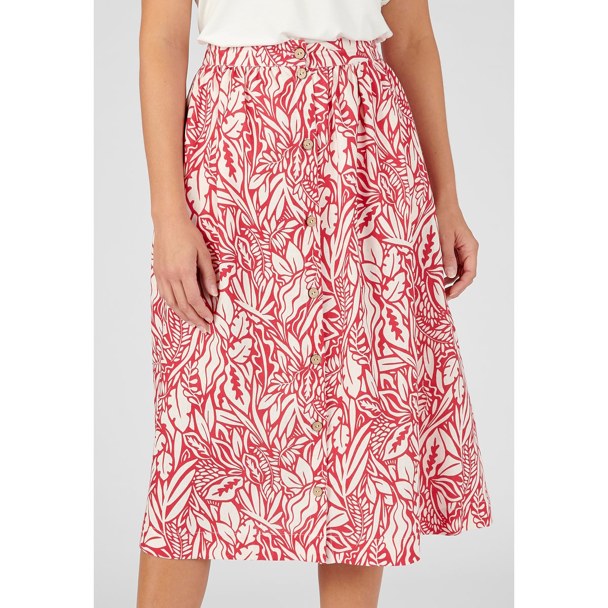 Jupe mélange lin fleurie rouge feuillage, DAMART