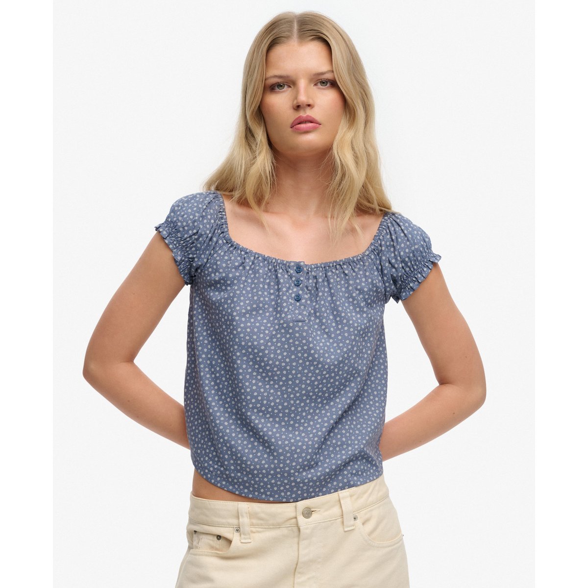 Top tissé à manches courtes et demi-boutonnage cœurs petites fleurs bleu marée, SUPERDRY