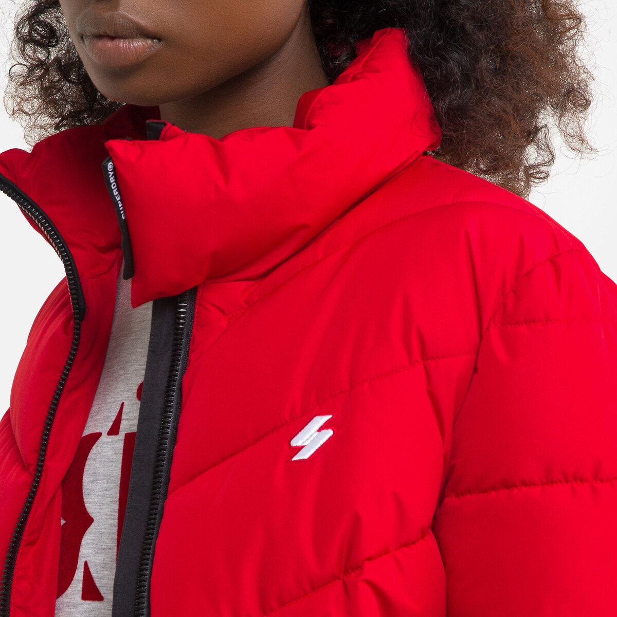 Doudoune Courte Matelassée Col Montant Zippée rouge, SUPERDRY