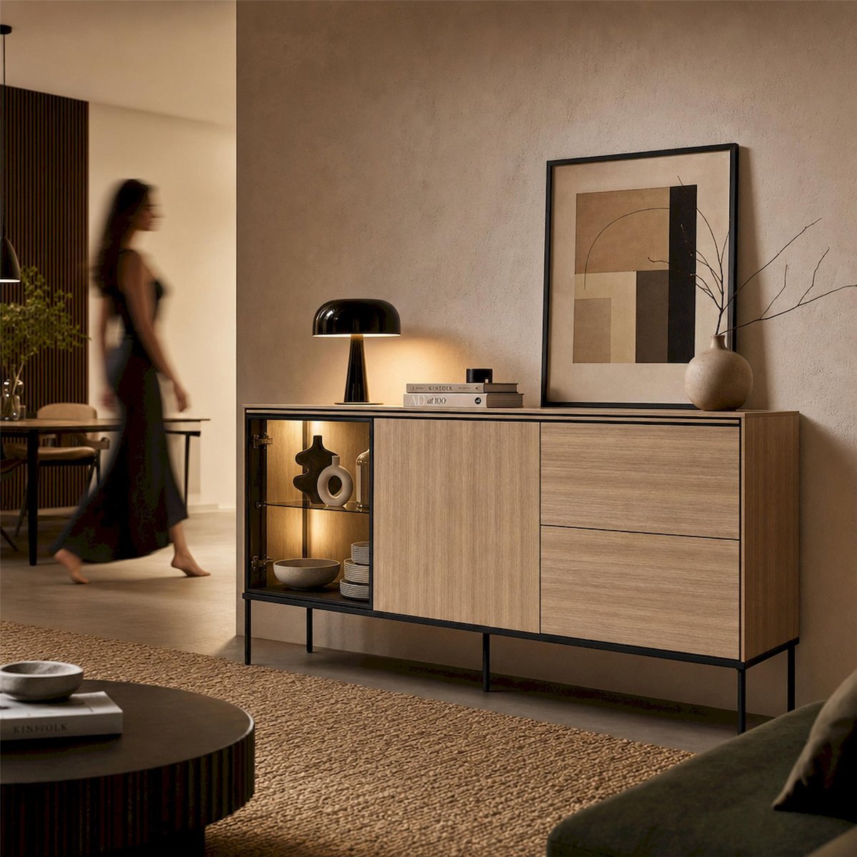 Buffet vitrine bois avec LED VISSO chêne linéaire et noir, RECOLLECTION
