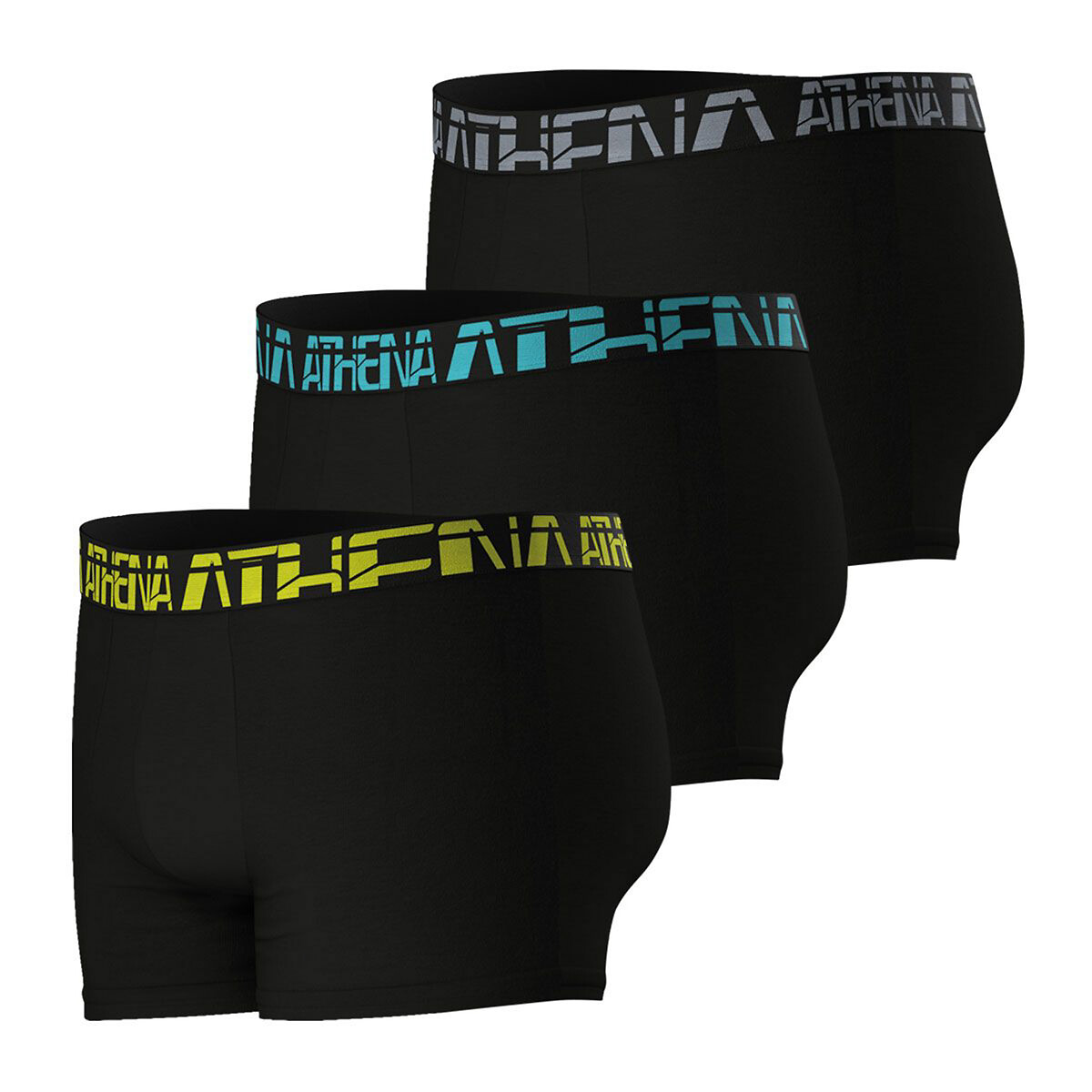 Confezione da 3 boxer aderenti nero + giallo + blu + cintura grigia, ATHENA