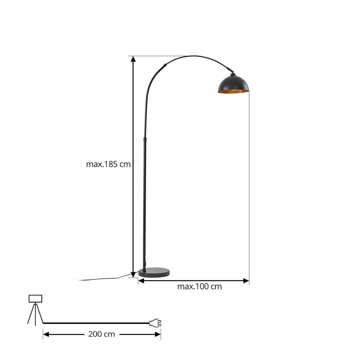 Lampadaire en métal moderne, Tonka noir, doré, LINDBY