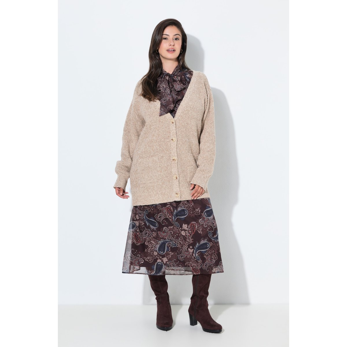 Cardigan en maille côtelée, col en V beige mélangé, ULLA POPKEN